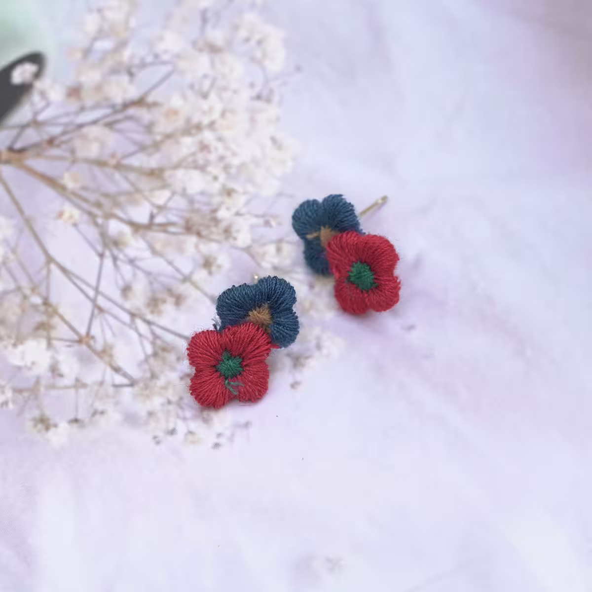 刺繍紅藍小花朵×吊墜耳環-第3張
