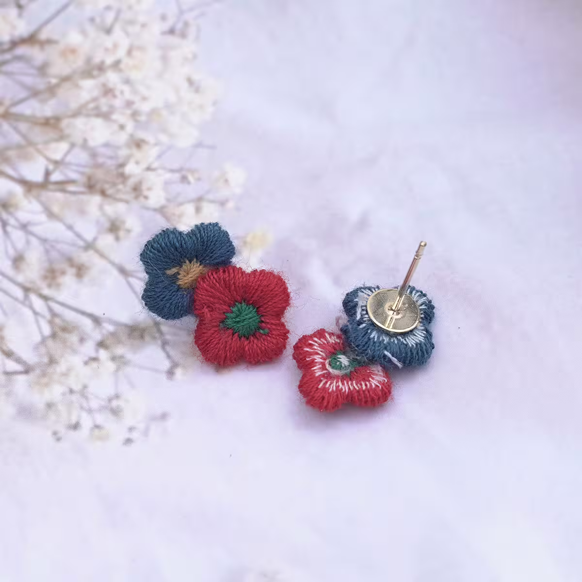 刺繍紅藍小花朵×吊墜耳環-第4張
