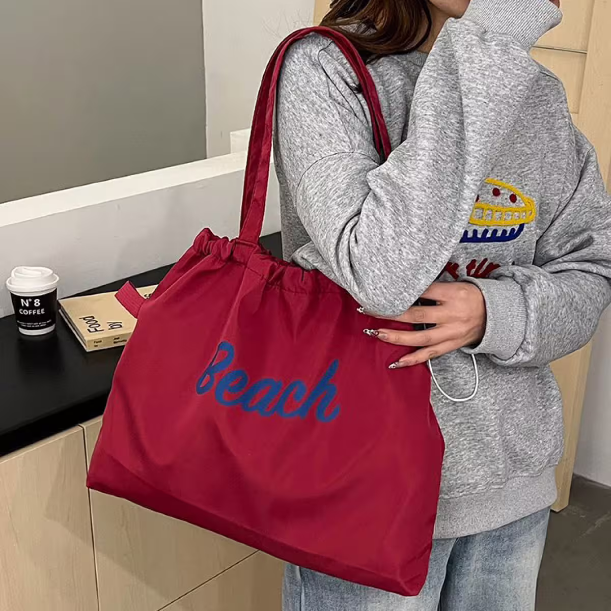 尼龍字母沙灘包×肩背包×紅色-第6張