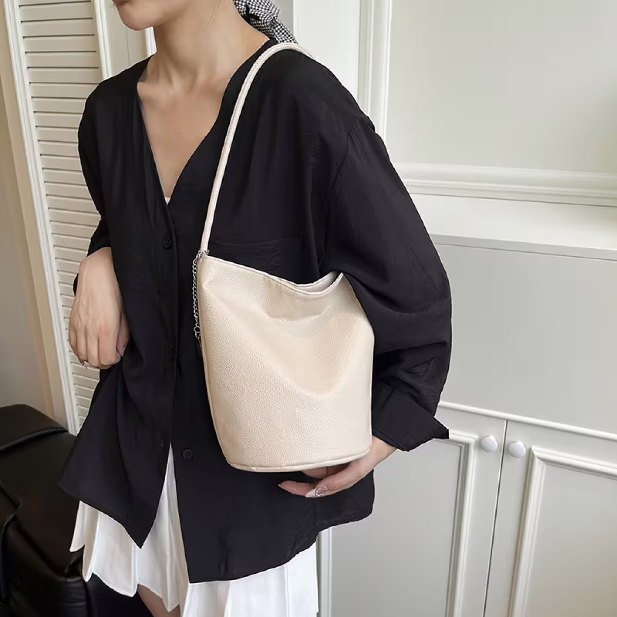 皮革圓身水桶包&times;肩背包&times;白色-第5張