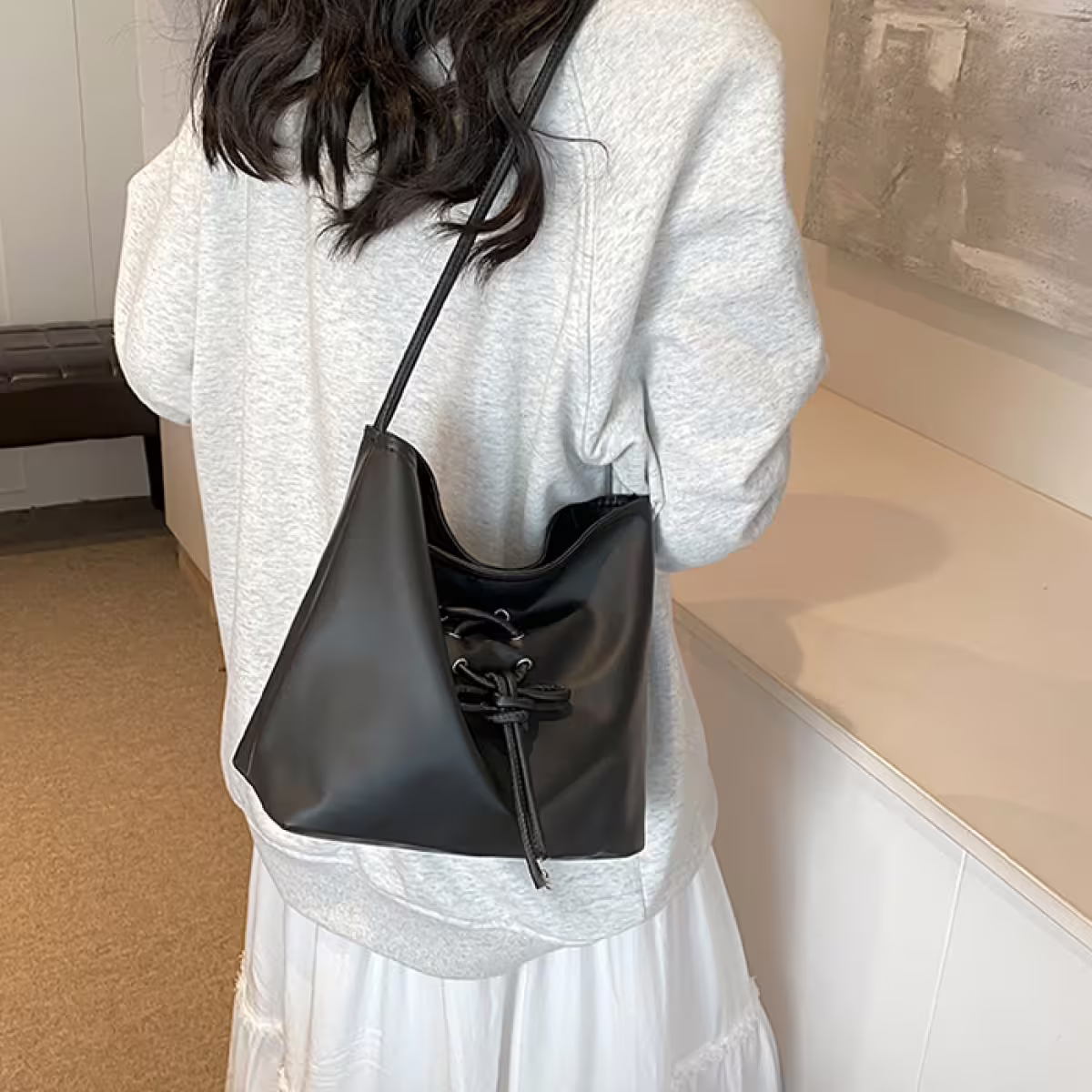 結繩甜美皮革包×肩背包×黑色-第3張