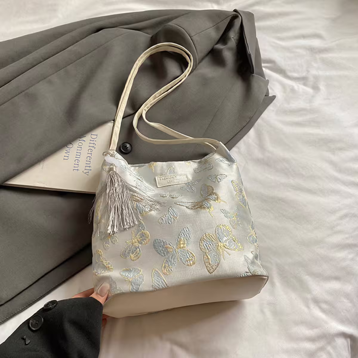 東方蝴蝶刺繡×肩背包×白色-第4張