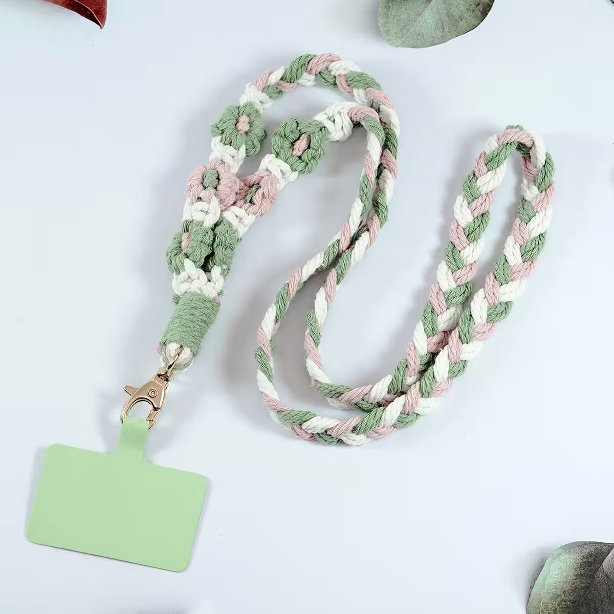 粗麻辮小花朵×手機單勾掛脖吊繩×粉綠-第1張