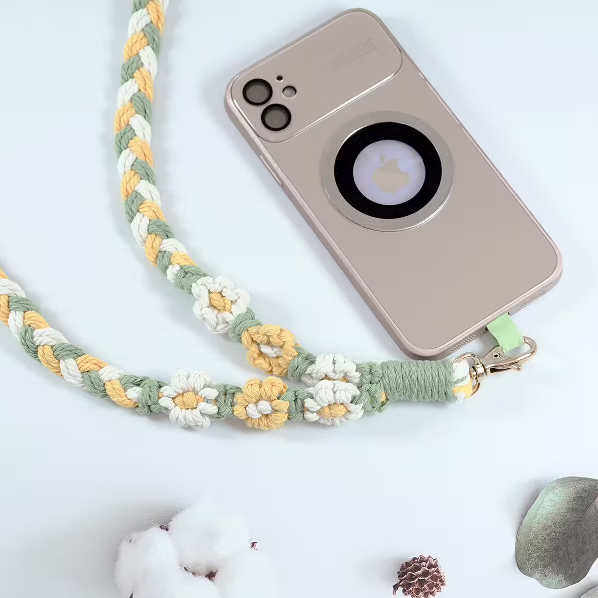粗麻辮小花朵×手機單勾掛脖吊繩×黃綠-第3張