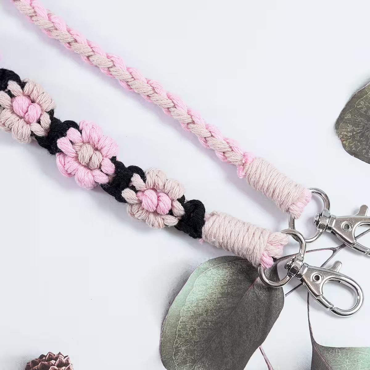 粉黑花朵辮子雙拼×手機斜背雙勾掛繩-第5張