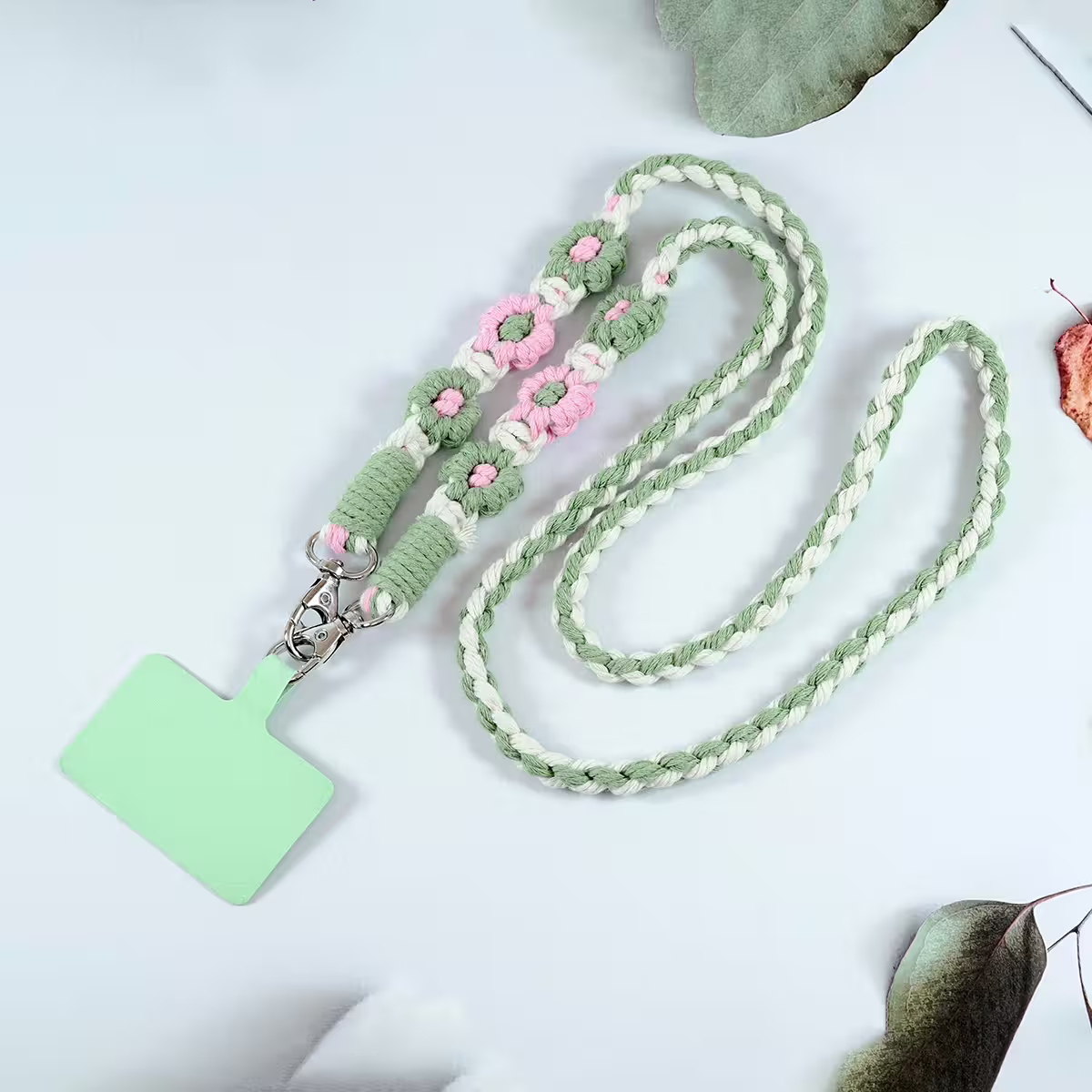粗麻辮小花朵×手機斜背雙勾掛繩×綠粉-第1張
