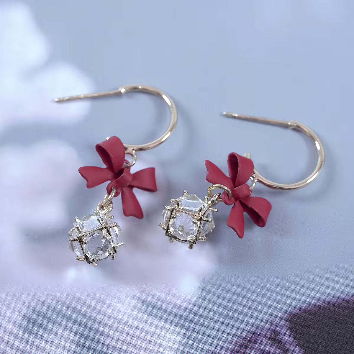 紅領結C字輕奢晶鑽球×吊墜耳環×紅色-第3張