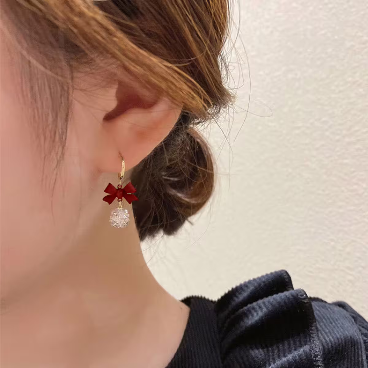 紅領結C字輕奢晶鑽球×吊墜耳環×紅色-第5張