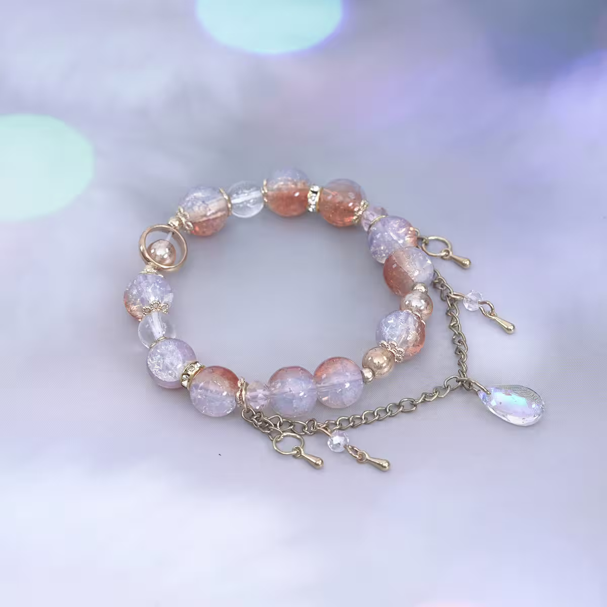 橙橘清白晶透水滴×固定式串珠手鍊-第1張