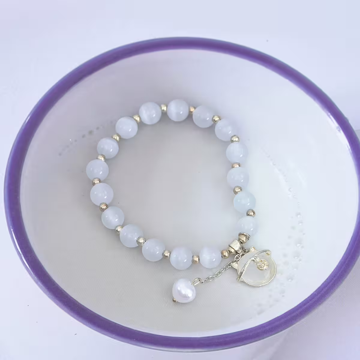 白貓眼石招財貓×固定式串珠手鍊-第2張