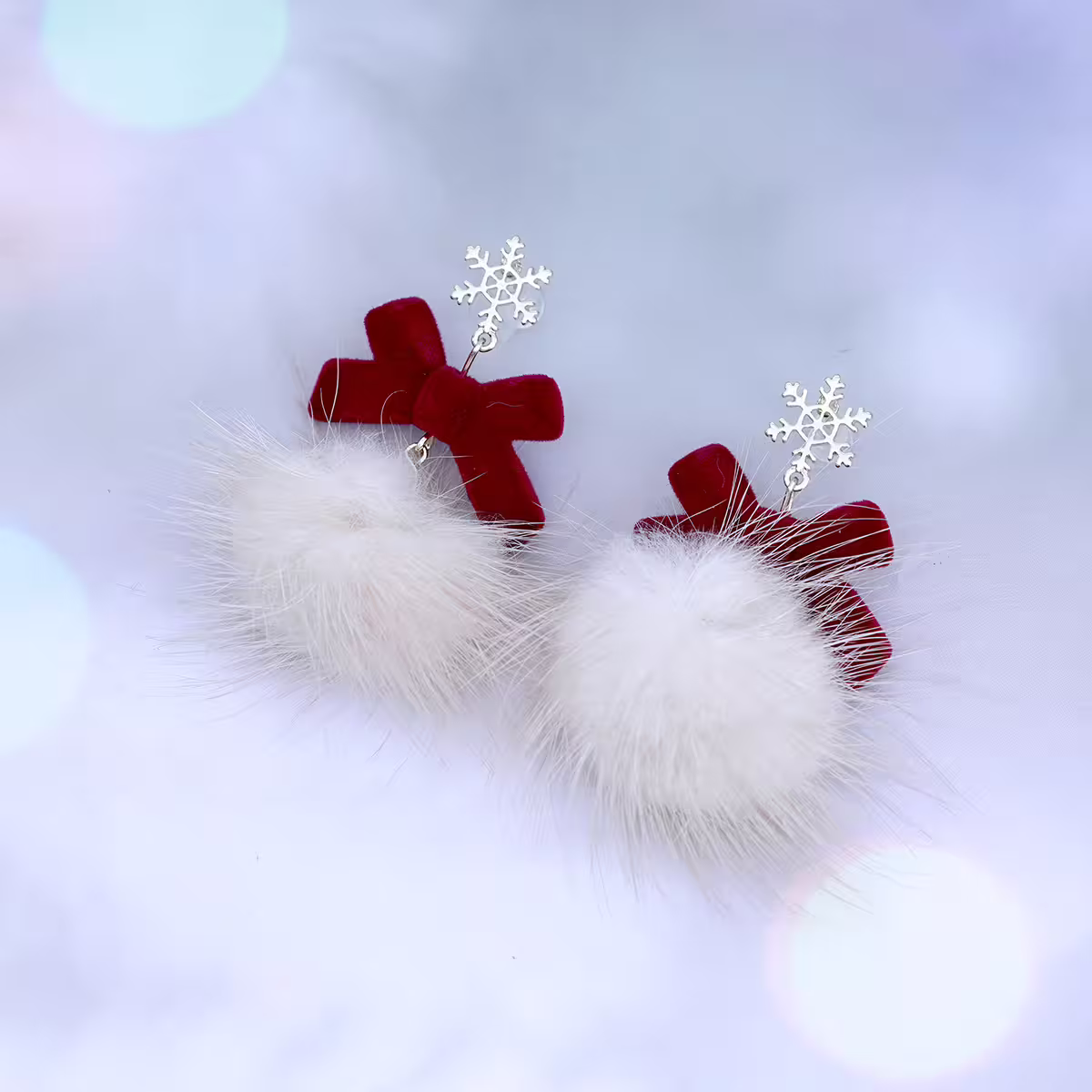 雪花紅絨毛球×吊墜耳環-第1張