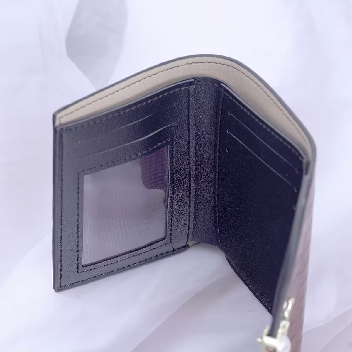 小鹿珍珠鱷魚紋皮革×三折短皮夾×粉紅-第5張