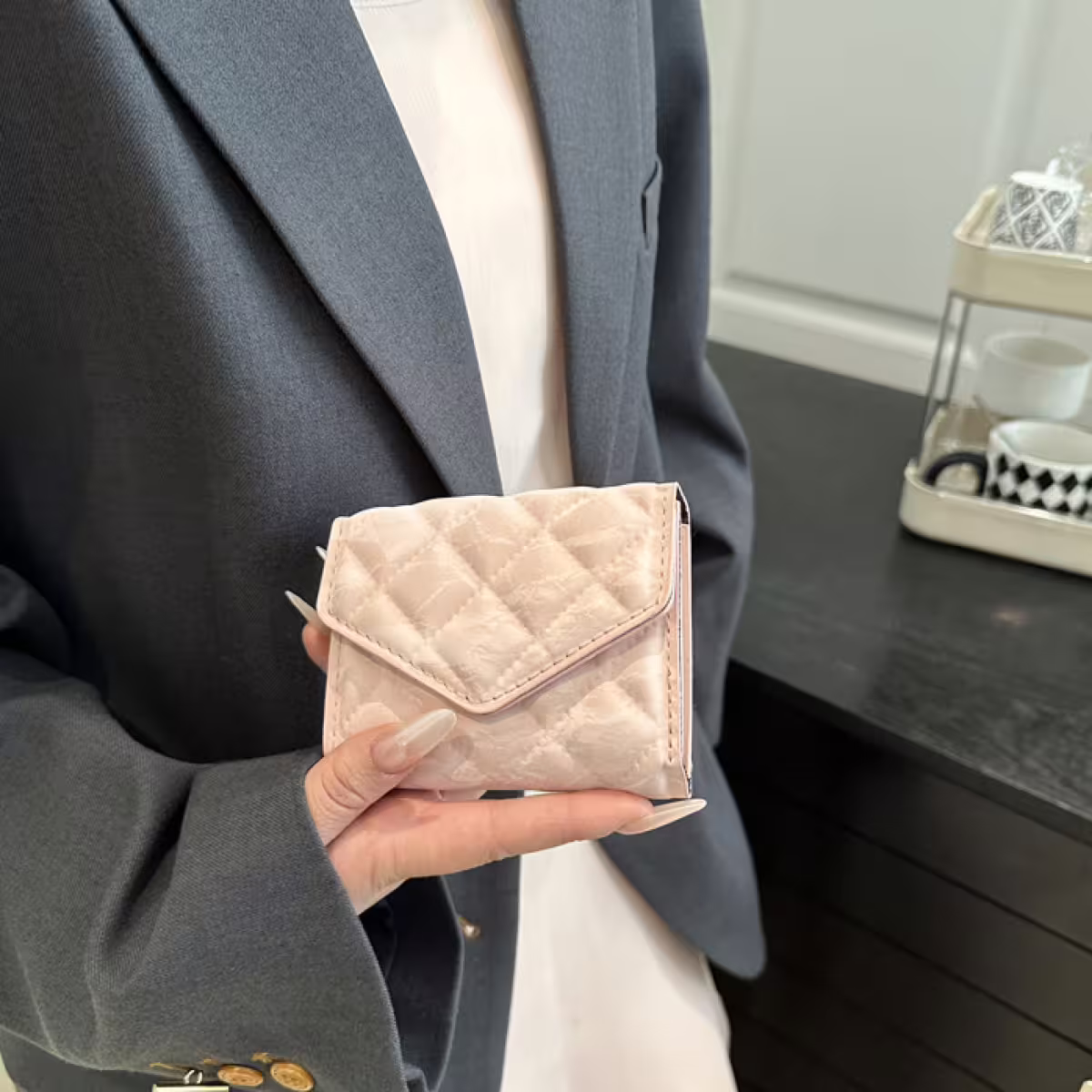 信封爆閃麂皮×三折短皮夾×白色-第6張