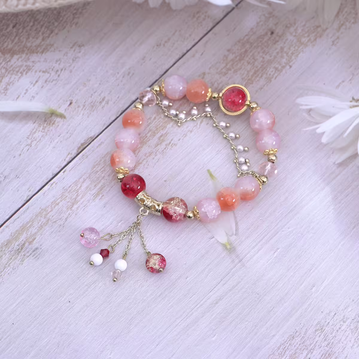 橘紅流蘇碎珍珠×固定式串珠手鍊-第1張