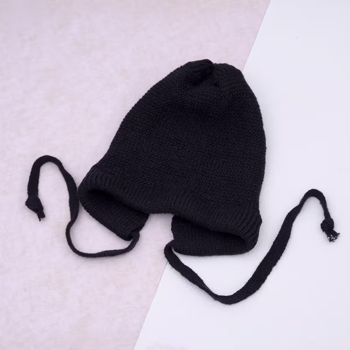 素色毛線綁帶×毛帽×黑色-第1張