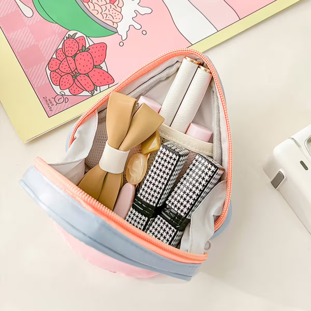 撞色倒三角手提×化妝收納包×灰色-第5張