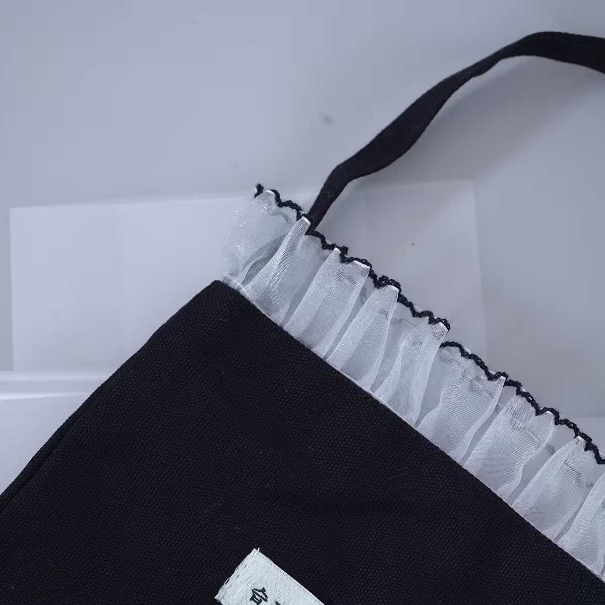 蕾絲邊韓文×輕巧手提袋×黑色-第3張
