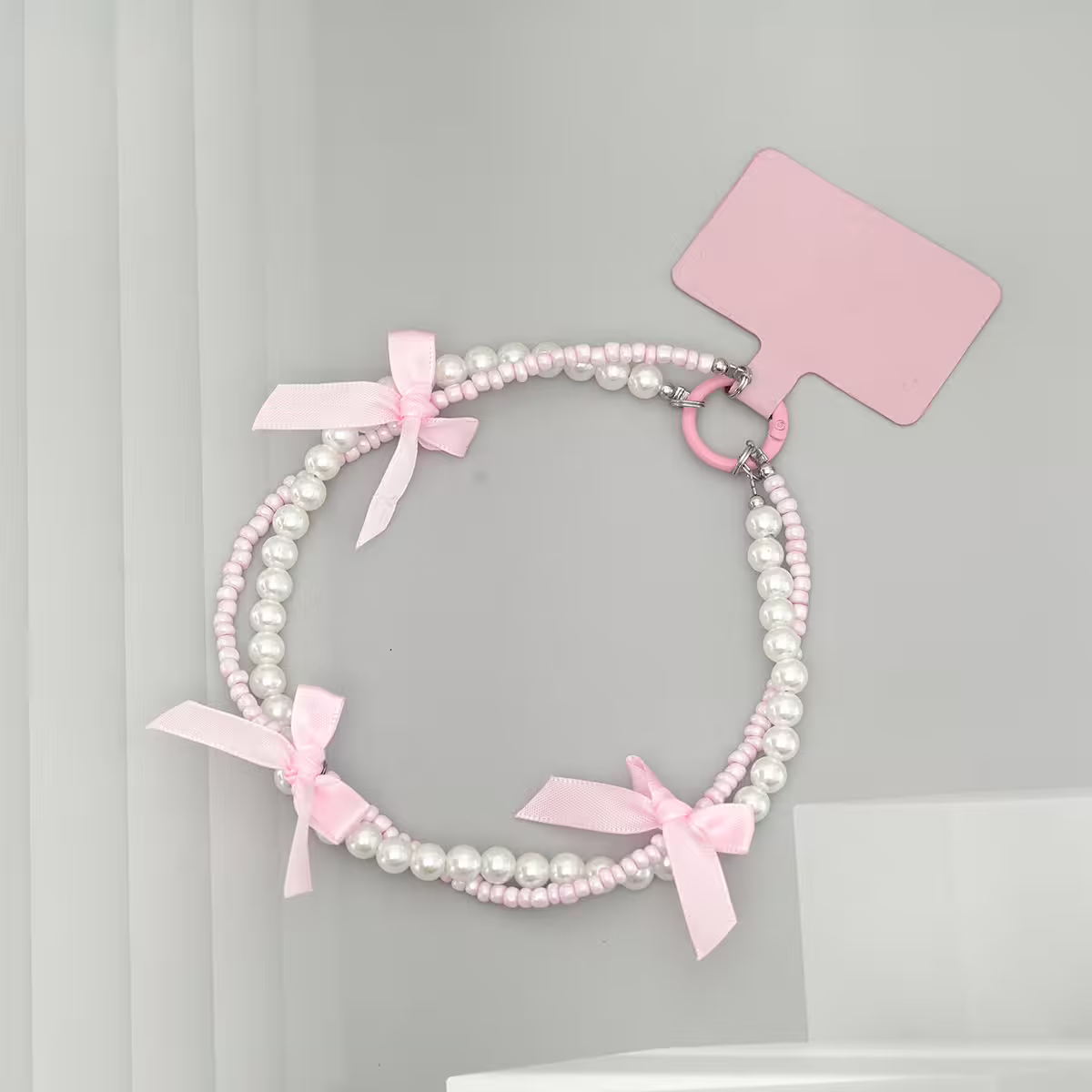 芭蕾風蝴蝶結珍珠&times;雙層手機腕帶掛繩&times;粉色-第6張