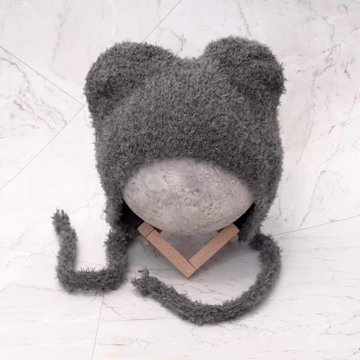 羔毛繫繩小耳朵&times;毛帽&times;灰色-第2張