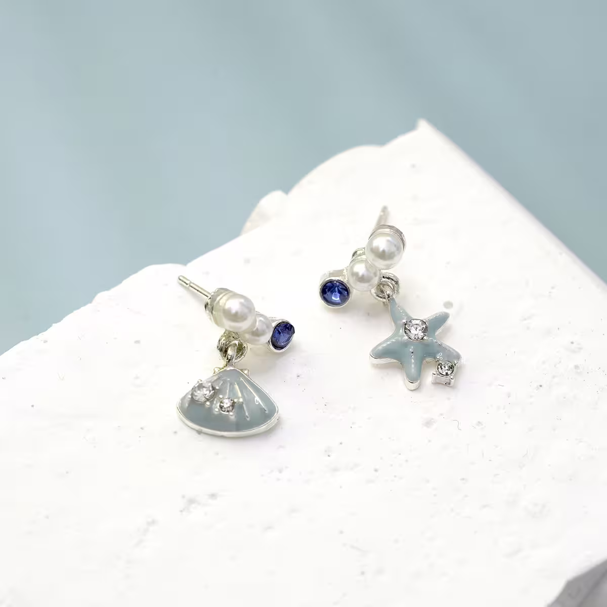 水藍海星貝殼&times;不對稱吊墜耳環-第2張