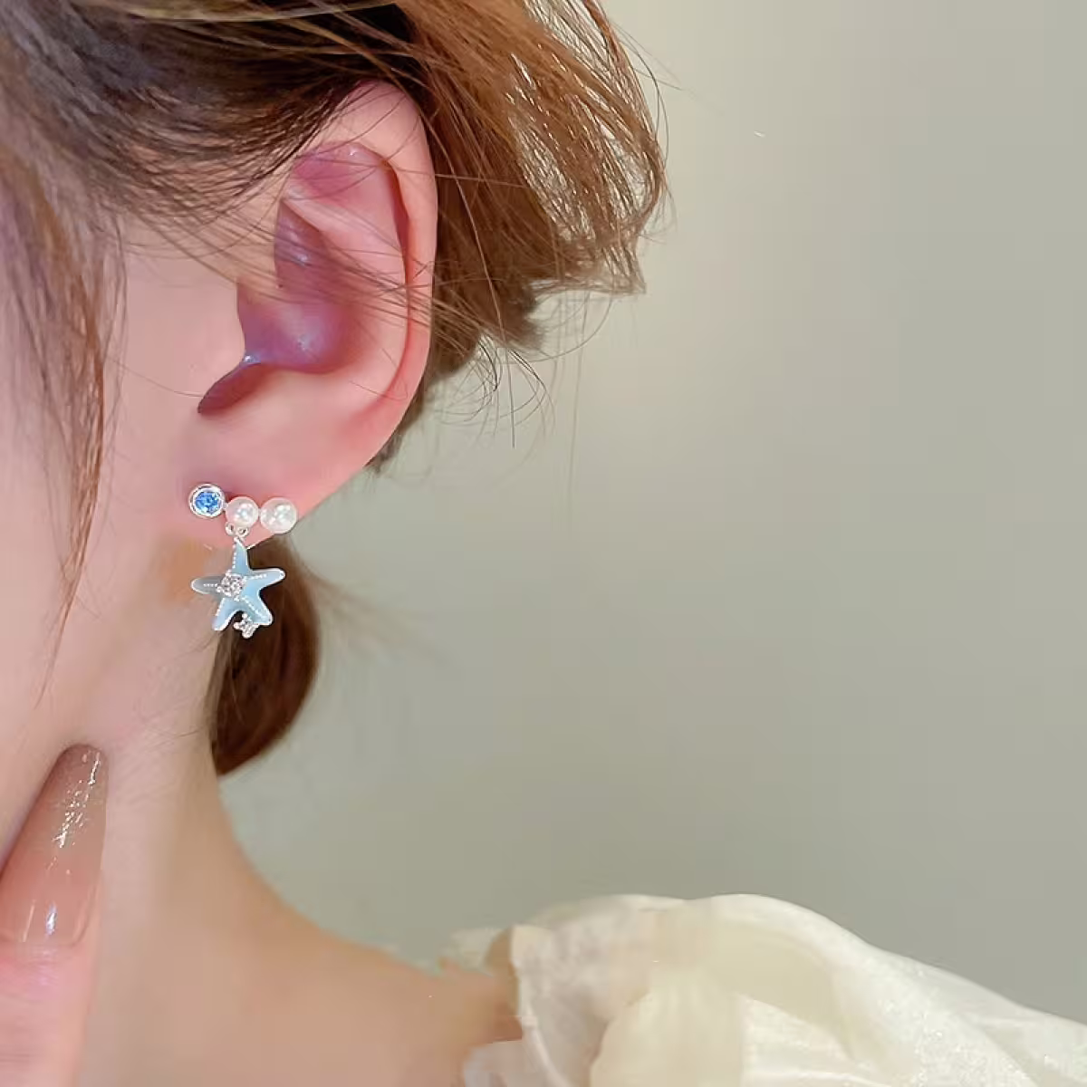 水藍海星貝殼&times;不對稱吊墜耳環-第5張