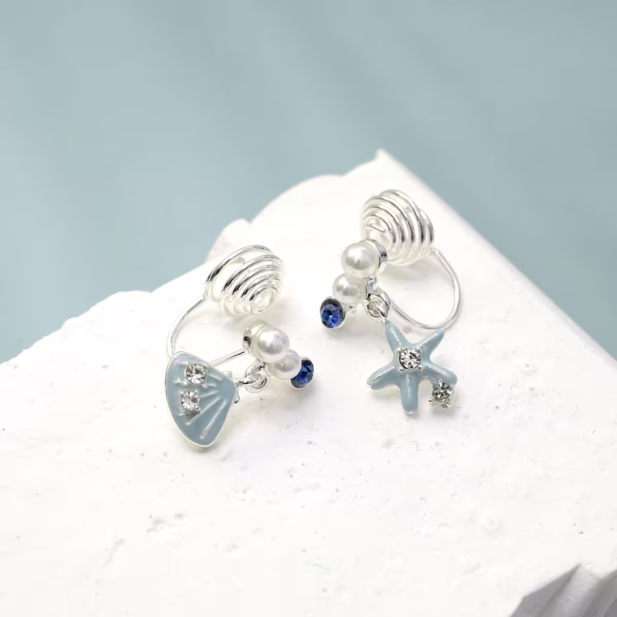 水藍海星貝殼&times;不對稱蚊香盤U型耳夾-第3張