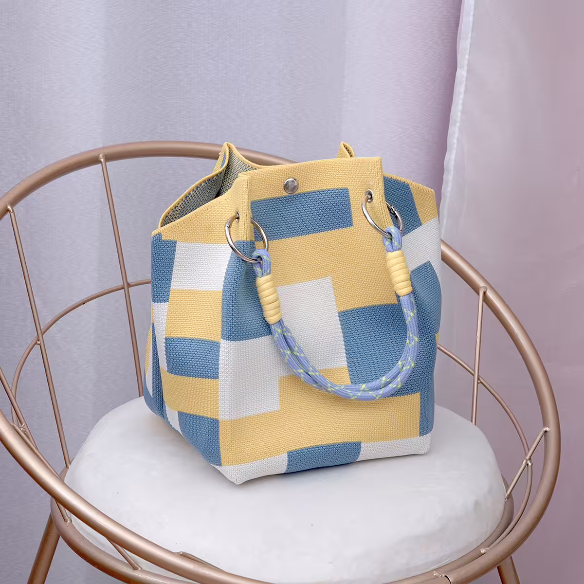 黃藍方格&times;針織手提袋-第2張