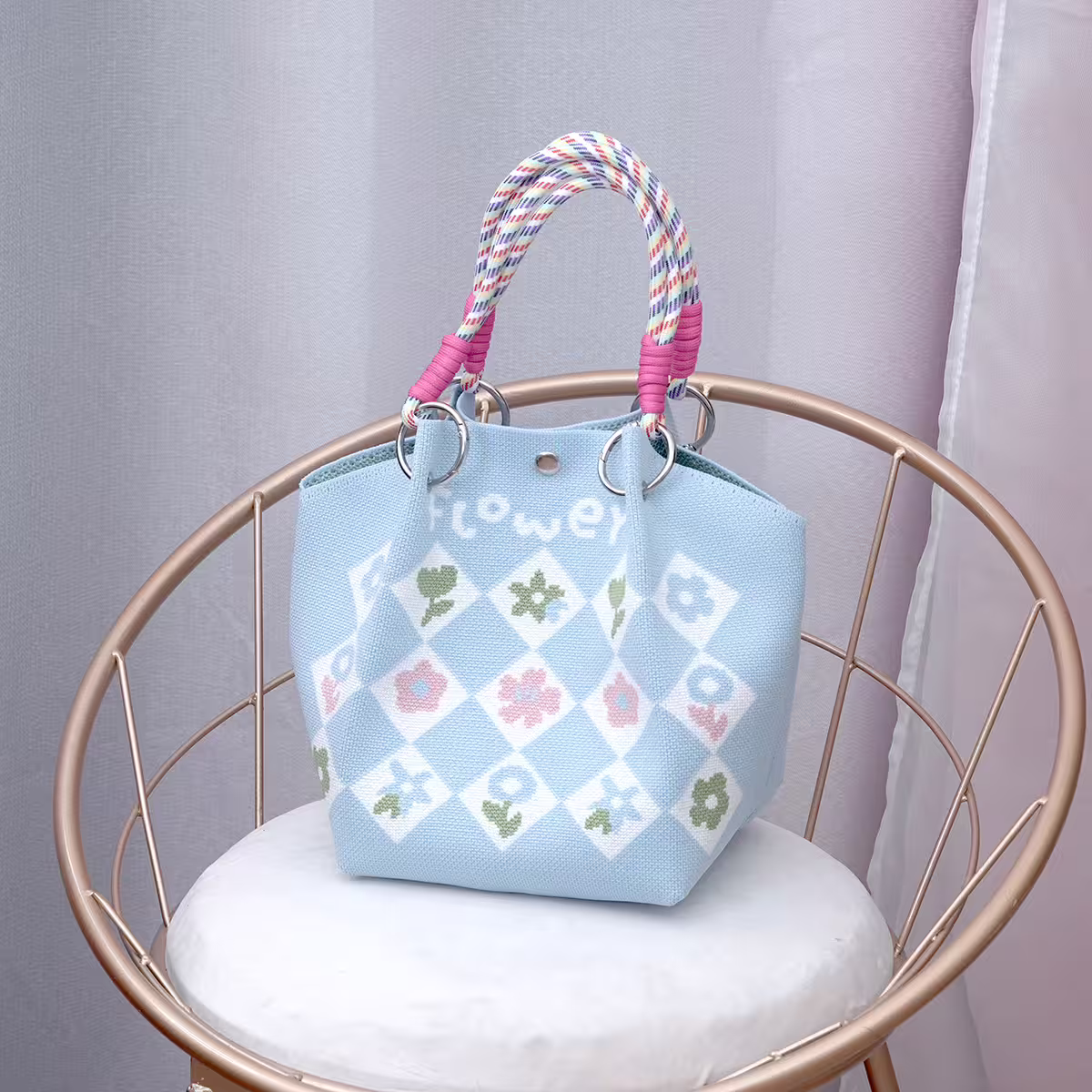 藍底碎花&times;針織手提袋-第1張