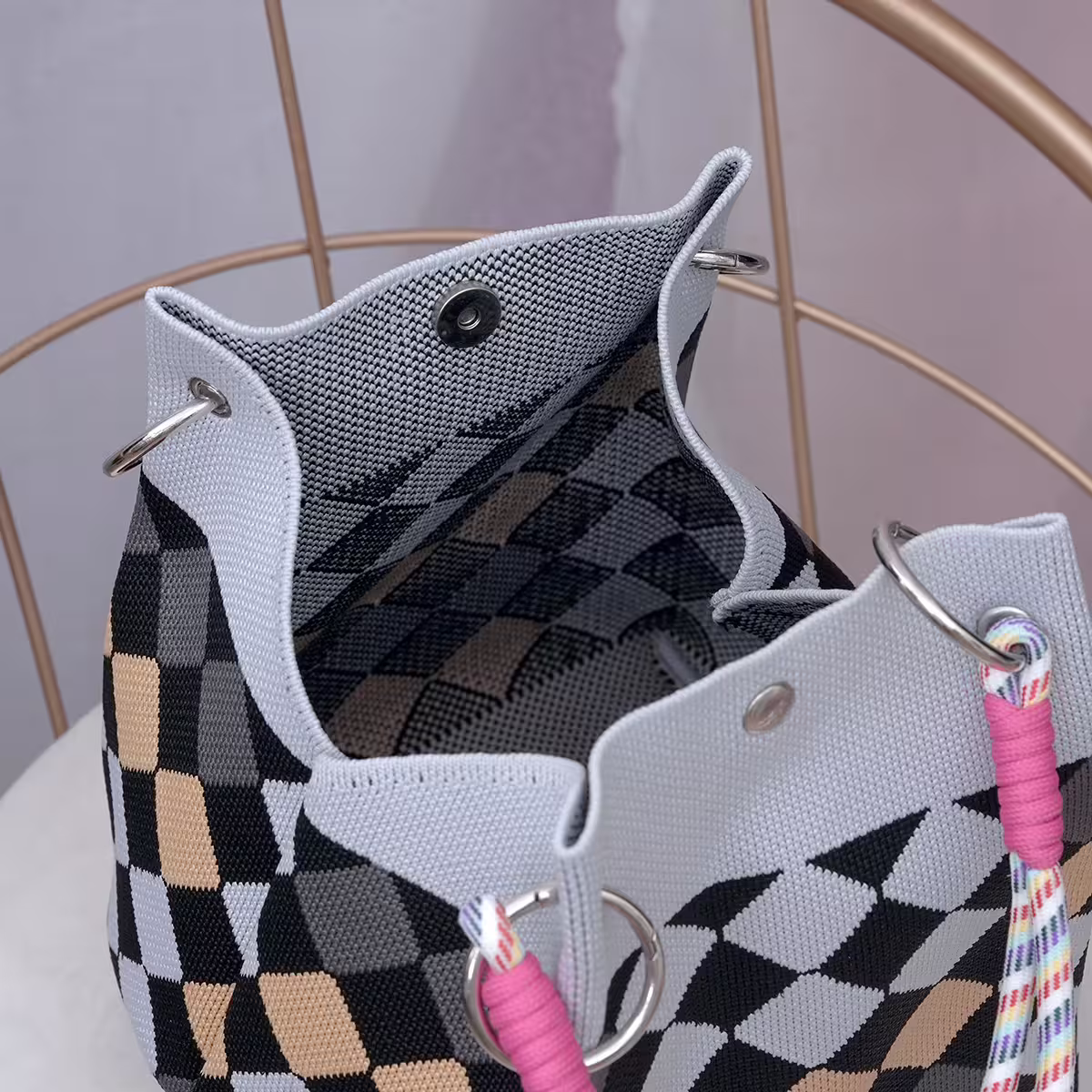 灰黃菱格&times;針織手提袋-第4張