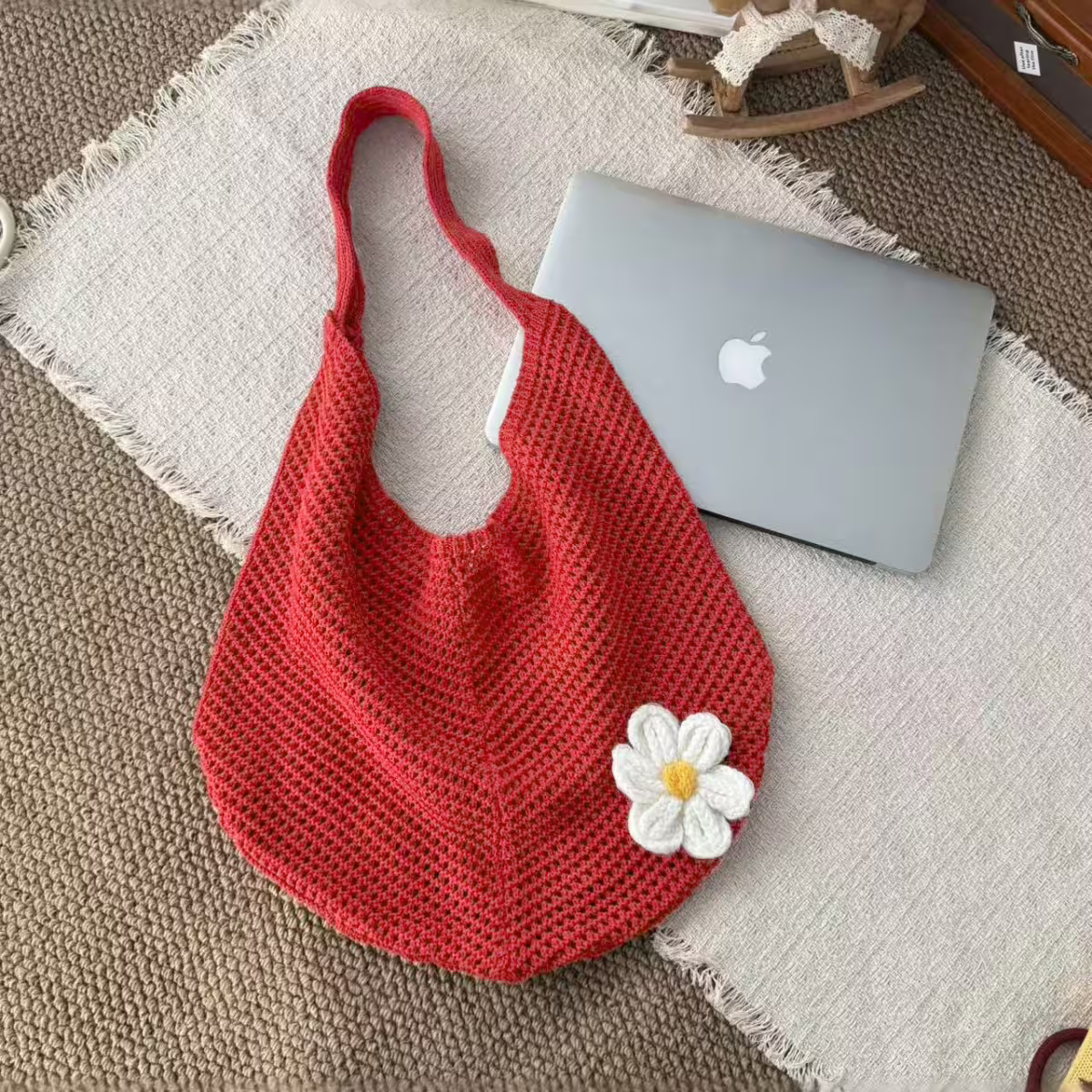 慵懶小花針織&times;肩背包&times;紅色-第4張