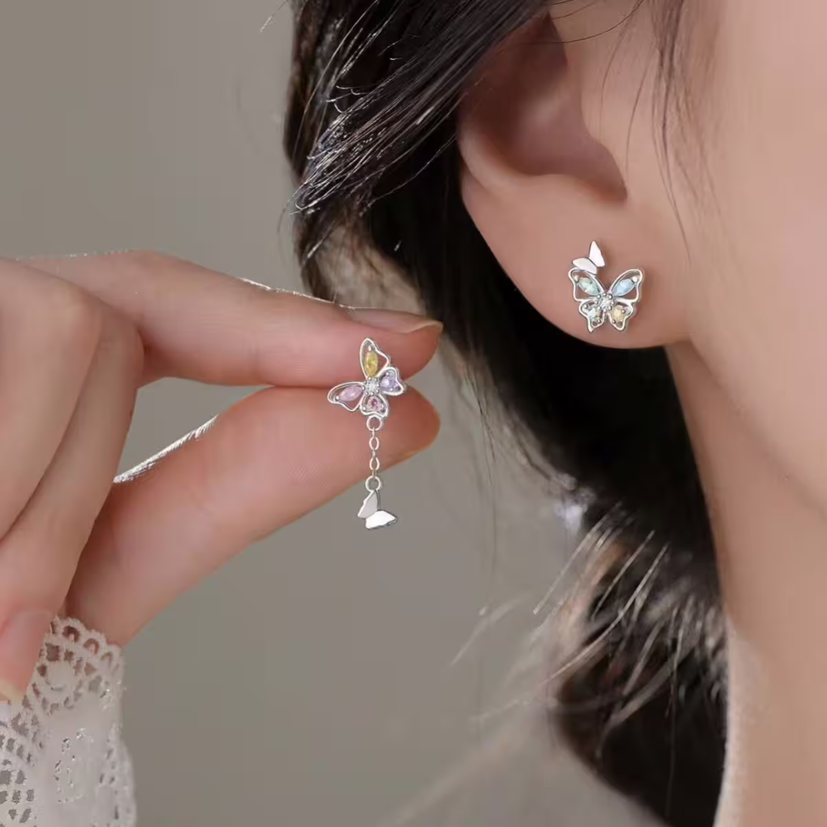 925銀針&times;蝴蝶彩晶&times;不對稱耳環-第6張