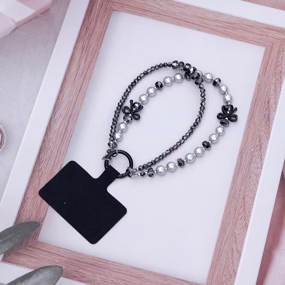 雙層華麗蝴蝶結派對&times;手機腕帶掛繩&times;黑色-第1張