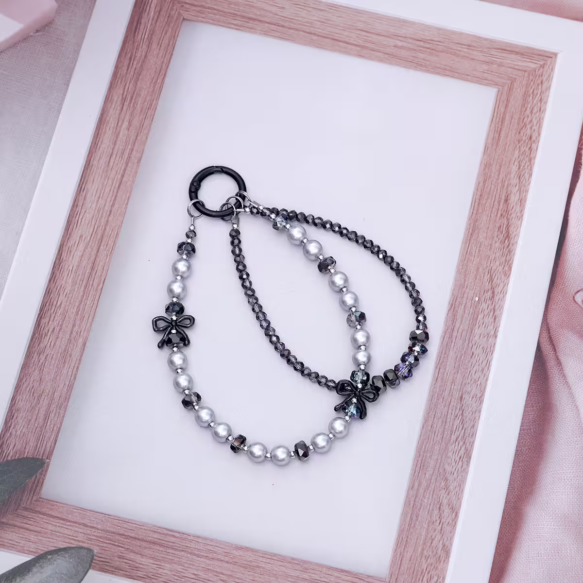 雙層華麗蝴蝶結派對&times;手機腕帶掛繩&times;黑色-第3張