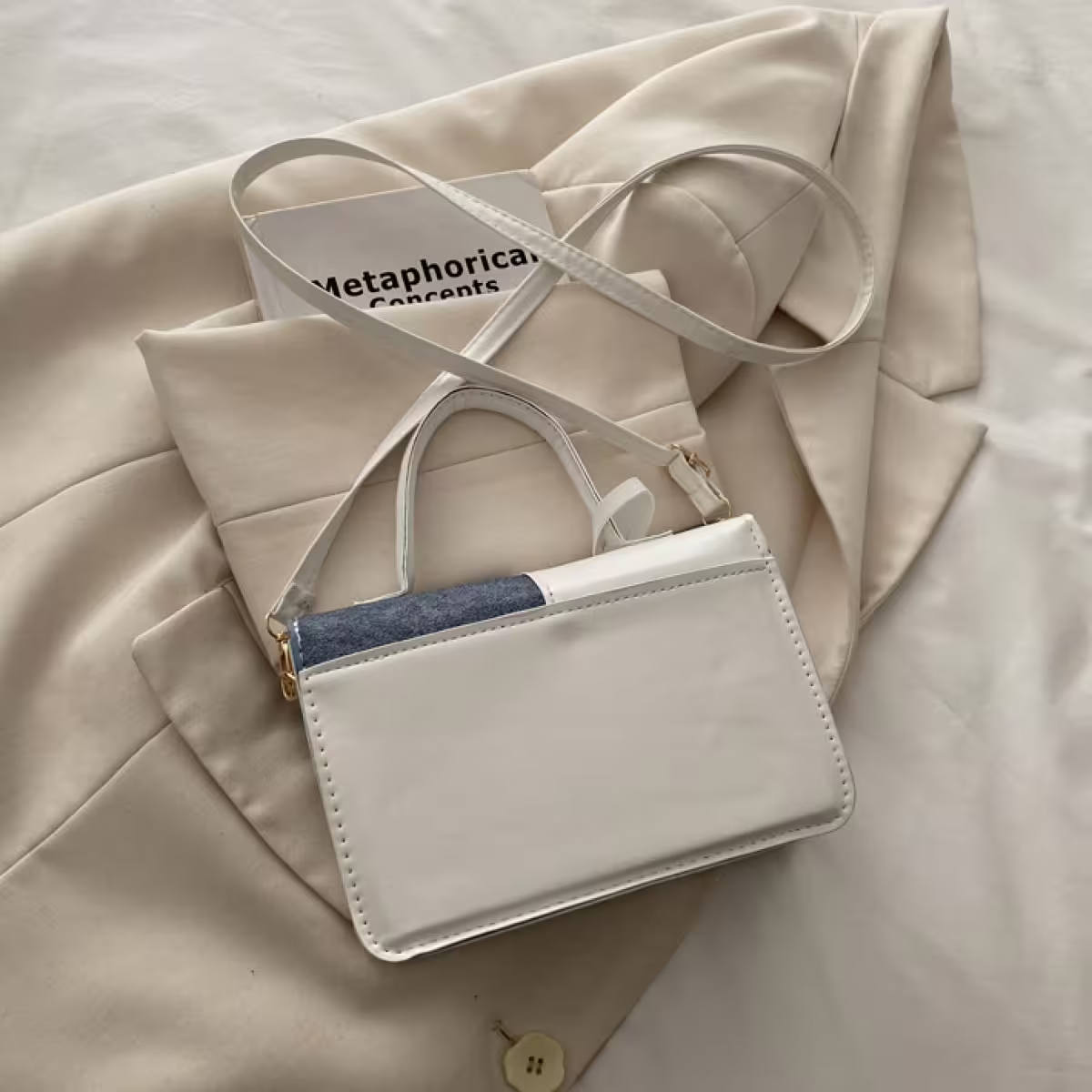 牛仔單寧皮革撞色&times;斜背包&times;白色-第3張