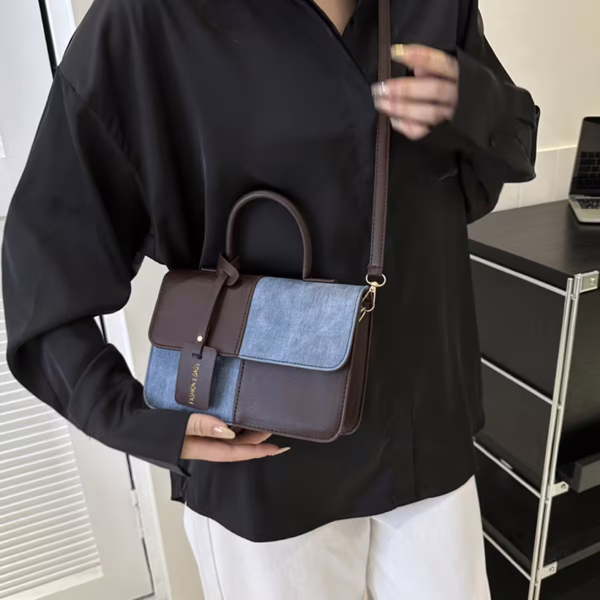 牛仔單寧皮革撞色&times;斜背包&times;黑色-第5張