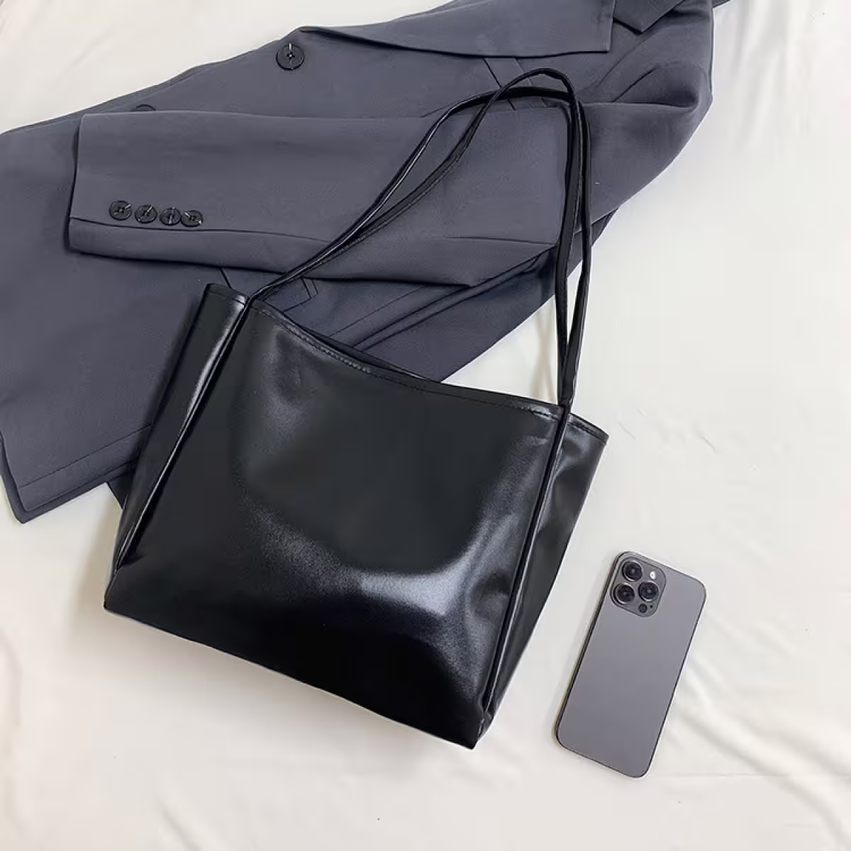 日常皮革素面&times;肩背包&times;黑色-第3張