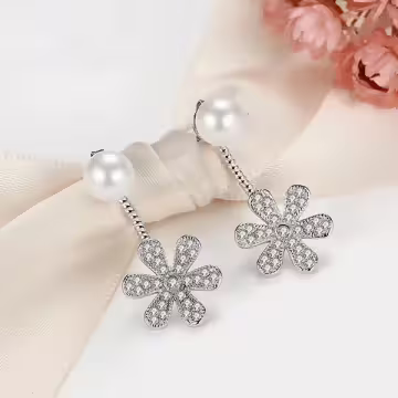 925銀針×珍珠閃亮小花×後掛式耳針