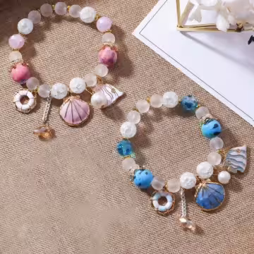 甜美貝殼海洋熱帶魚×固定式串珠手環×透藍