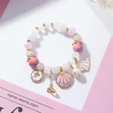甜美貝殼海洋熱帶魚×固定式串珠手環×嫩粉