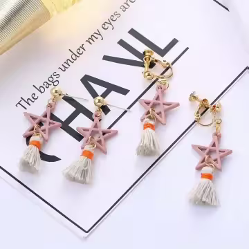 粉紅五角星布藝流蘇×螺旋耳夾