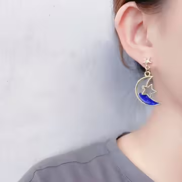 藍色亮片貓咪星月×不對稱吊墜耳環