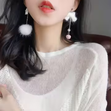 白兔毛線蝴蝶結圓球×不對稱吊墜耳環