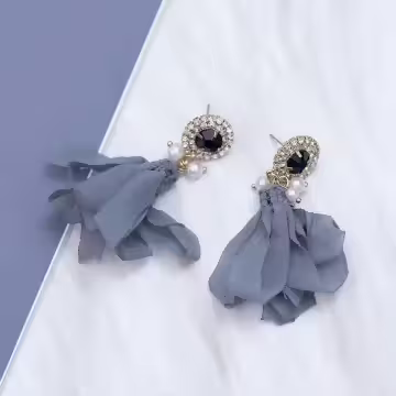 閃鑽灰藍薄紗流蘇×吊墜耳環