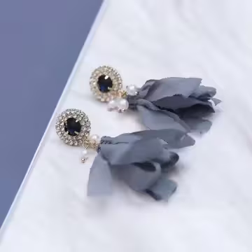 閃鑽灰藍薄紗流蘇×吊墜耳環