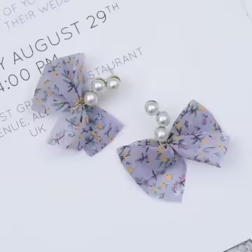 碎花薄紗蝴蝶結珍珠×吊墜耳環×共二色