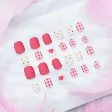 粉桃格子小花霧面×穿戴式手指甲片×二十四入 .avif