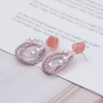 粉紅玫瑰雙層珍珠×吊墜耳環