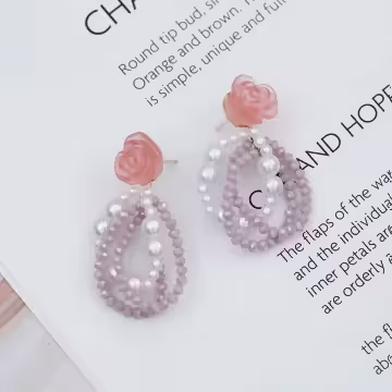 粉紅玫瑰雙層珍珠×吊墜耳環
