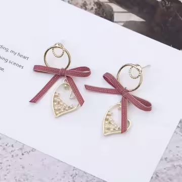 絲帶蝴蝶結愛心小珍珠×吊墜耳環×共二色