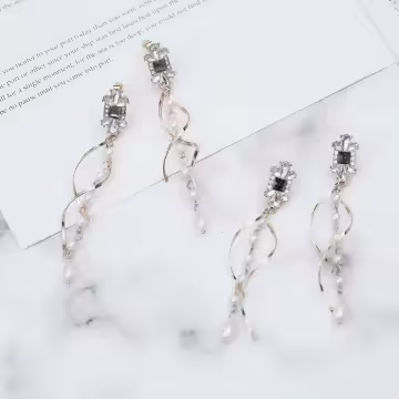 華麗寶石水鑽螺旋珍珠×吊墜耳環